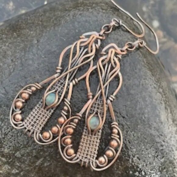 Bohemian Bronze Labradorite Stone Hippy Dangle Earrings - Picture 2 of 8